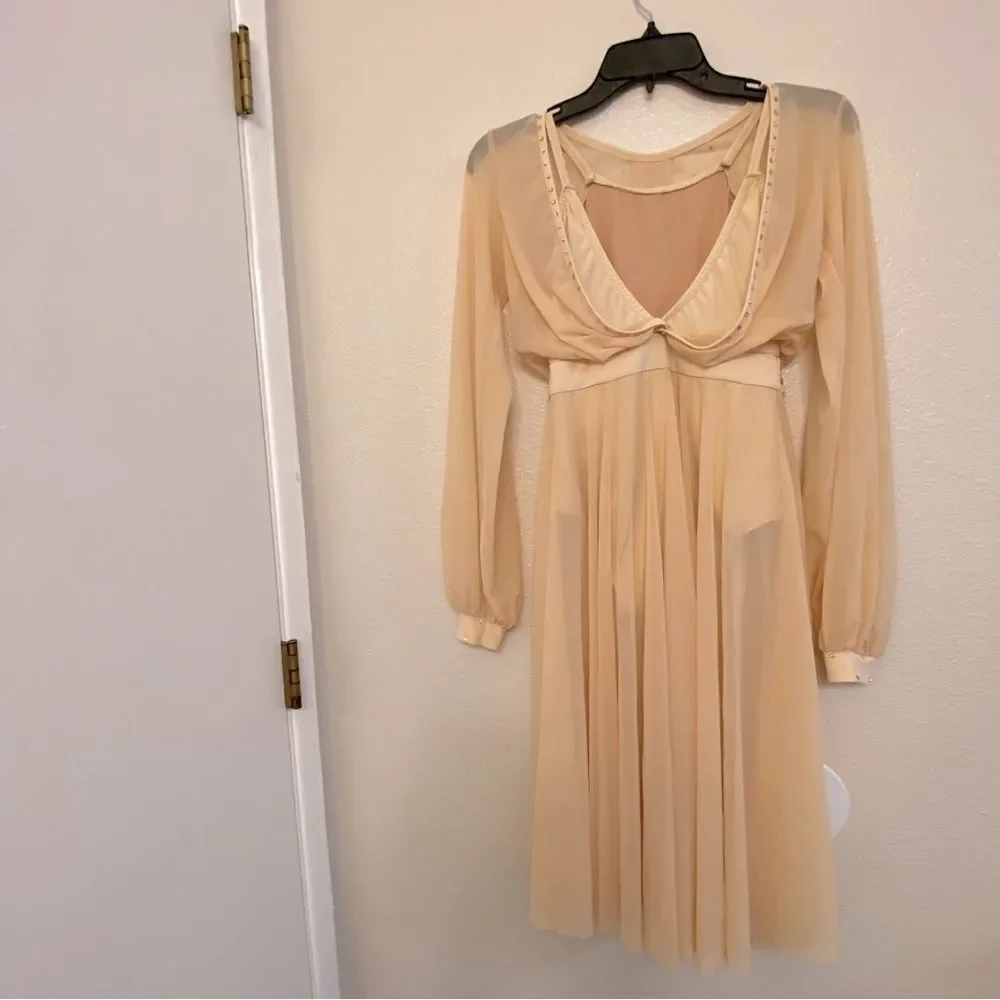 Custom solo dance costume lyrical mesh dress rhinestone ivory yellow illusion LC